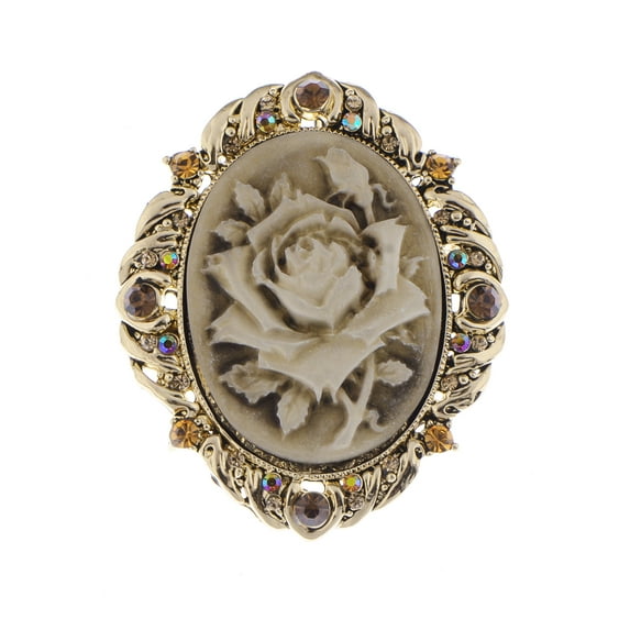 Vintage Inspired Antique Re product Rose Pink Crystal Flower Cameo Pin Brooch, Gold