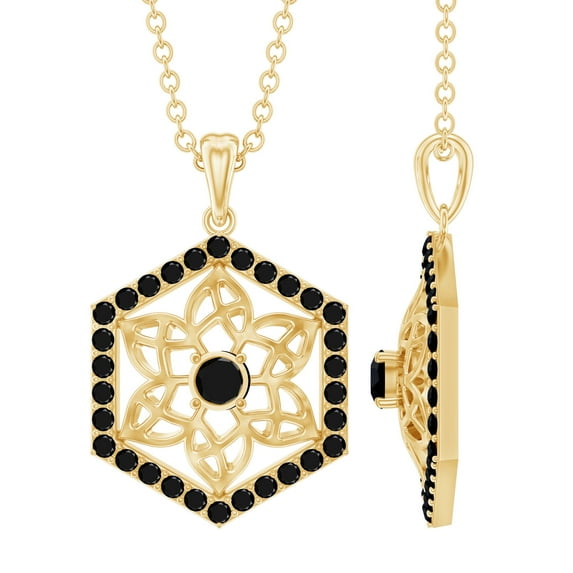 Rosec Jewels Natural Black Diamond Flower Pendant Necklace - Geometric Hexagon Necklace - AAA Quality - with Jewelry Box, 10K Yellow Gold