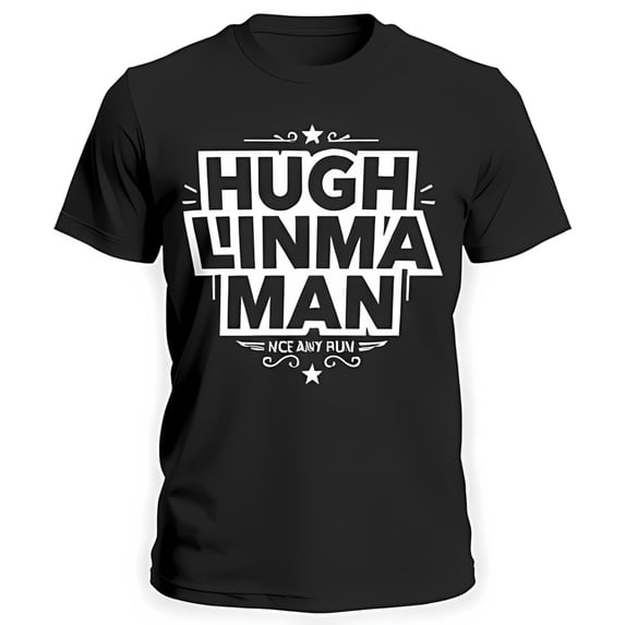 Vintage Inspired Black T-Shirt with Bold 'Hugh Linman' Graphic & Whimsical Flourish