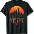 thumbnail image 1 of Vintage Inspired Black T-Shirt with City Graphic & Sunset Hues, 1 of 5