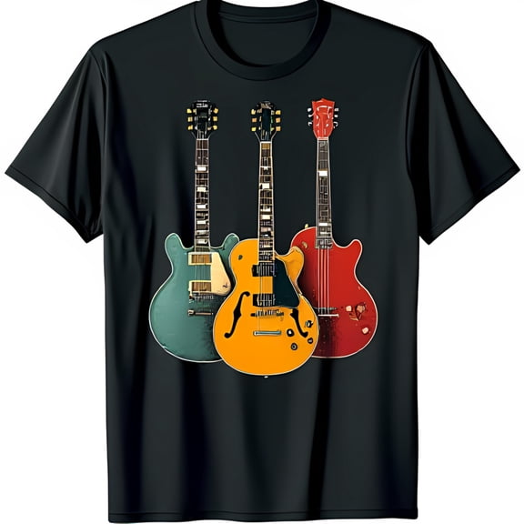 Vintage Inspired Black T-Shirt with Colorful Guitars Graphic for Music Lovers