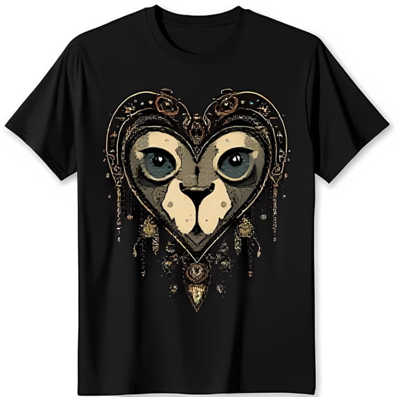 Vintage Inspired Black T-Shirt with Dreamlike Lion Heart Graphic