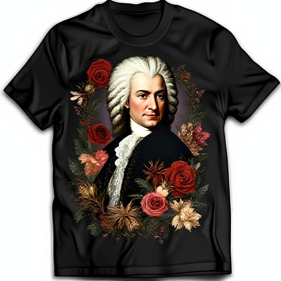 Vintage Inspired Black T-Shirt with Floral Wreath Graphic & Powdered Wig Design