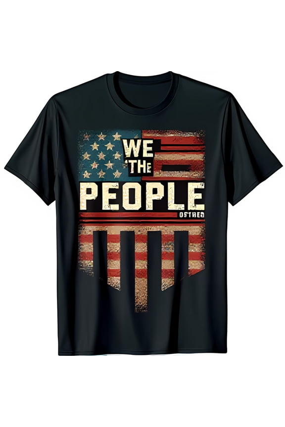 Vintage Inspired Black T-Shirt with Graphic WE THE PEOPLE