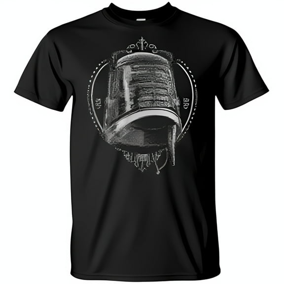 Vintage Inspired Black T-Shirt with Intricate White Circular Graphic & Brimmed Hat Design