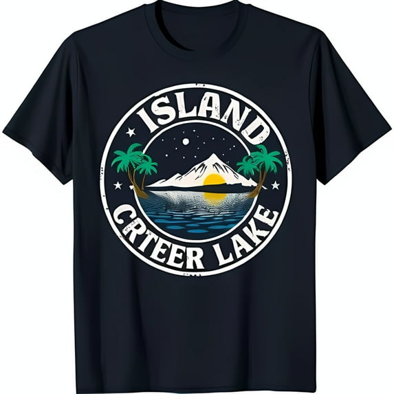 Vintage Inspired Black T-Shirt with Island Lake Design Mountain Sun & Trees