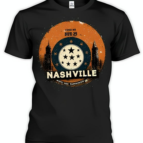 Vintage Inspired Black T-Shirt with Nashville Travel Graphic