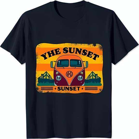 Vintage Inspired Black T-Shirt with Retro Sunset Graphic