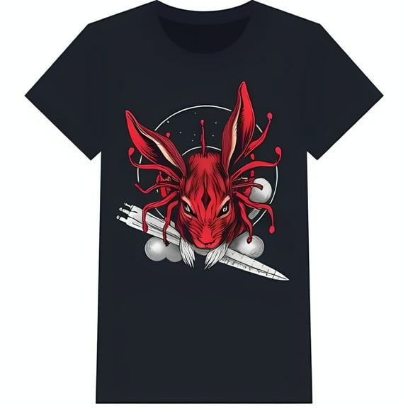 Vintage Inspired Black T-Shirt with Spiky Eared Rabbit Graphic Design