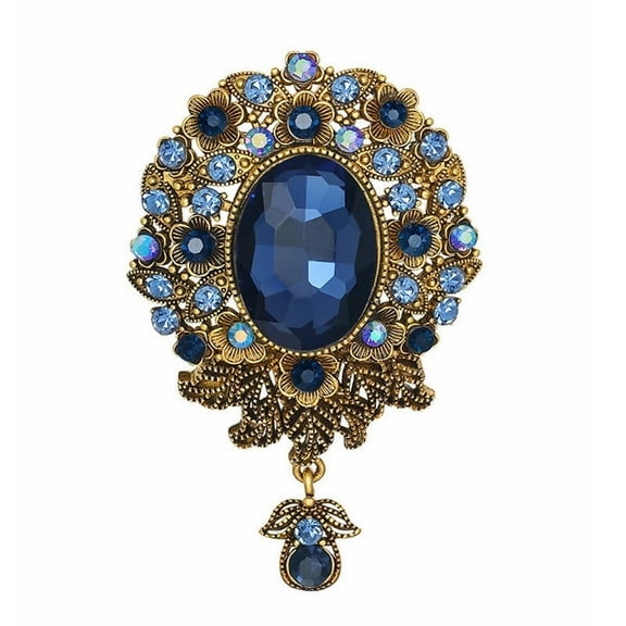 Gyn&Joy Vintage Inspired Blue Sapphire Colored Crystal Rhinestone Teardrop Floral Wreath Brooch Pin