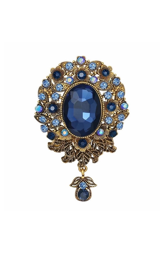 Vintage Inspired Blue Sapphire Colored Crystal Rhinestone Teardrop Floral Wreath Brooch Pin