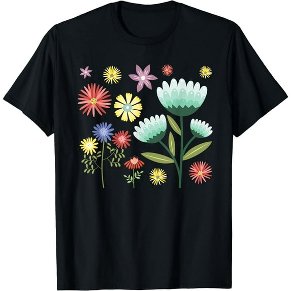 Vintage Inspired Botanical Flower T-Shirt Black Small