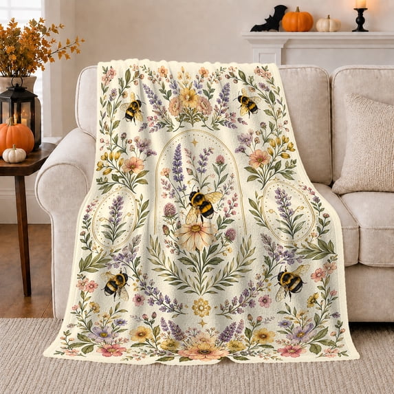 Vintage-Inspired Bumblebee Wildflower Botanical Pattern, Cozy Friendship Quote Scene, Warm Flannel Blanket for Living Room and Reading Nook, Art Lovers Friendship Gift, Artistic Home Decor