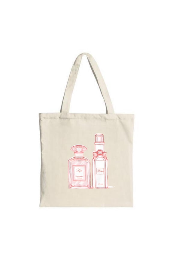 Vintage-Inspired Canvas Tote Bag with Red Ink Perfume Bottle Design - Perfect for Shopping Travel and Parties