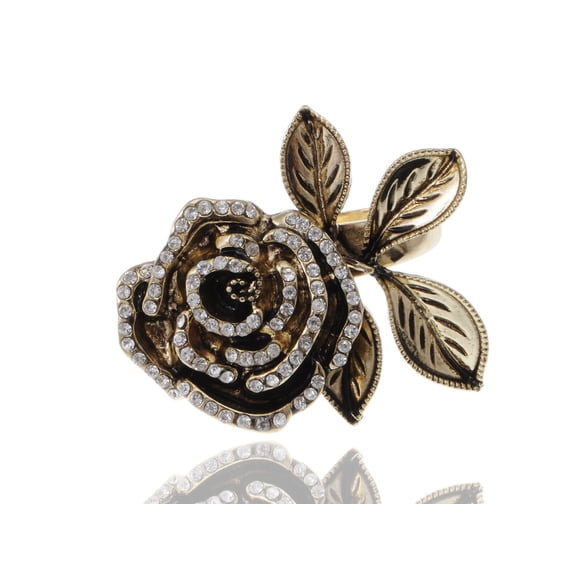 Vintage Inspired Carved Single Rose White Rhinestone Accented Fashion Ring