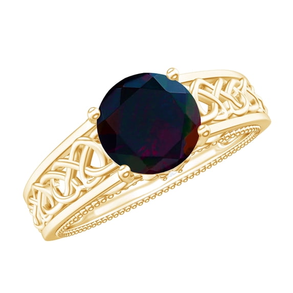 Rosec Jewels Vintage Inspired Celtic Ring, Black Opal Solitaire Band Ring with Diamond, 18K Yellow Gold, US 9.00