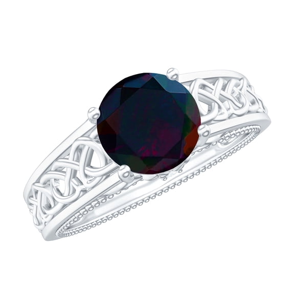Rosec Jewels Vintage Inspired Celtic Ring, Black Opal Solitaire Band Ring with Diamond, 925 Sterling Silver, US 4.00