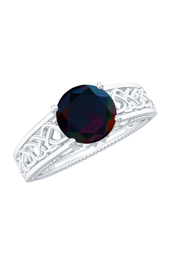 Vintage Inspired Celtic Ring, Black Opal Solitaire Band Ring with Diamond, 925 Sterling Silver, US 9.50