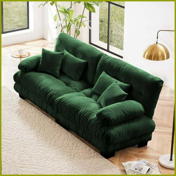 Vintage-Inspired Chenille 2-Seater Living Room Sofa with Cloud-Like Comfort & Pillows, Green