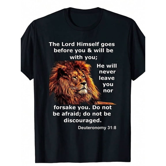 & Vintage-Inspired Christian Lion & Deuteronomy 31:8 Scripture Graphic T-Shirt - Black Crew Neck Short Sleeve Tee With Inspirational Quote,