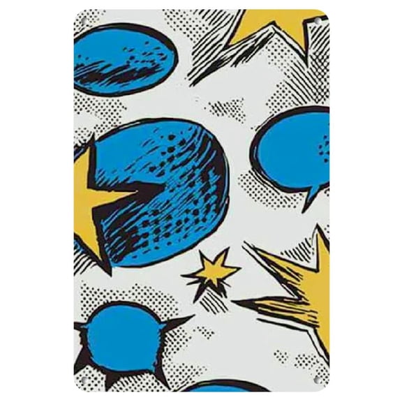 Vintage-Inspired Comic Book Style Metal Wall Art, 8x12" Frameless - Durable Iron Decor with Colorful Speech Bubbles & Stars, Easy to Hang for Home, Office, Bar, Metal Wall Art Decor