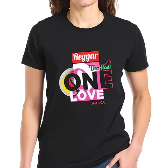 Vintage Inspired Cotton Short Sleeve T-Shirt with Colorful Reggae Graphic Design - One Love Jamaica Collage