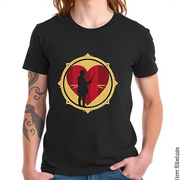 Vintage Inspired Cotton Short Sleeve T-Shirt with Gold-Rimmed and Bold Red Heart Design Featuring a Conductor