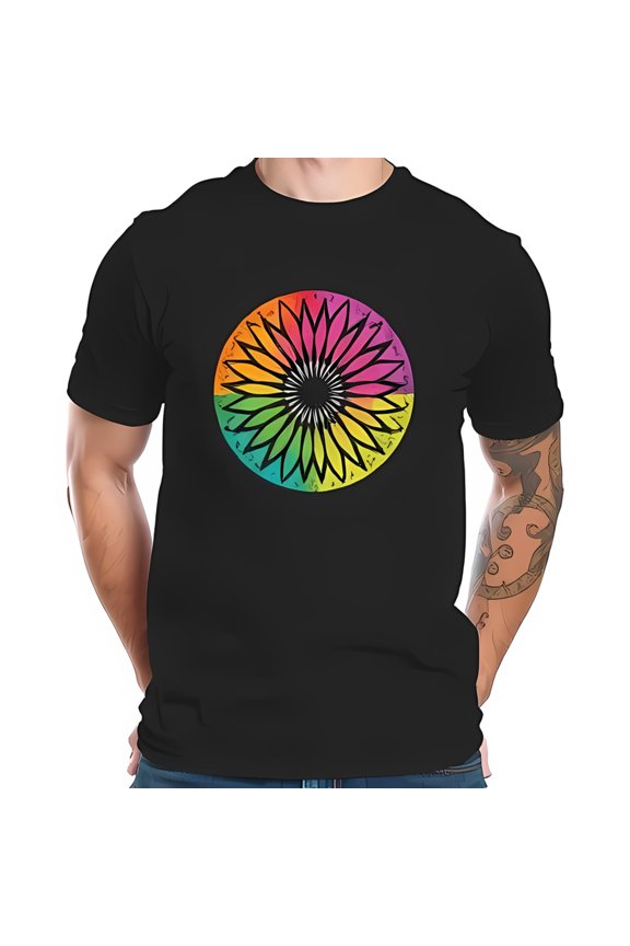 Vintage Inspired Cotton Short Sleeve T-Shirt with Rainbow Sunflower Design