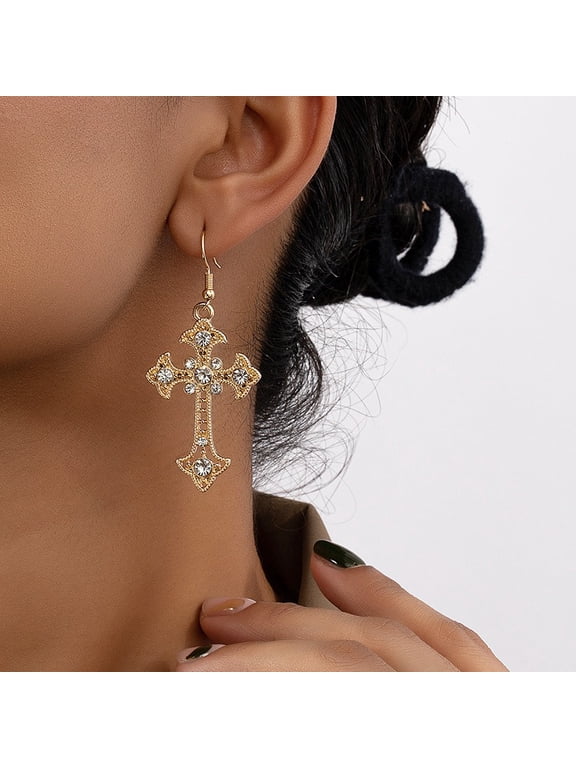 Vintage-Inspired Cross Stud Earrings for Women, Premium Sparkling Rhinestone Inlaid Crucifix Piercing, Dainty Gothic Retro Aesthetic Ear Studs, Elegant Quiet Luxury Jewelry Gift