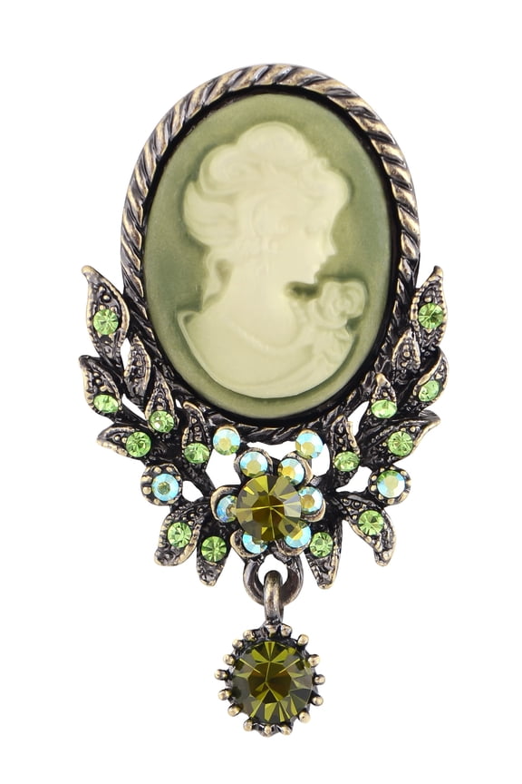 Vintage Inspired Crystal Rhinestone Victorian Lady Cameo Brooch Pin Maiden Flower Pendant