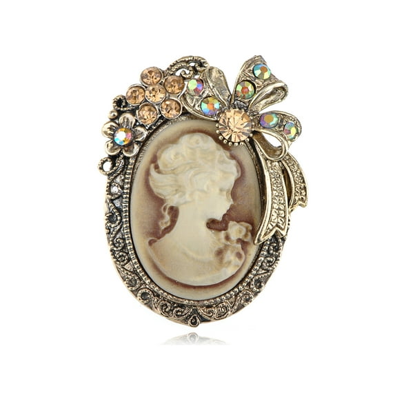 Vintage Inspired Crystal Rhinestone Victorian Lady Cameo Brooch Pin Maiden Flower Ribbon Bow Pendant