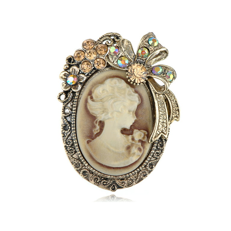 Vintage Inspired Crystal Rhinestone Victorian Lady Cameo Brooch Pin Maiden  Flower Ribbon Bow Pendant