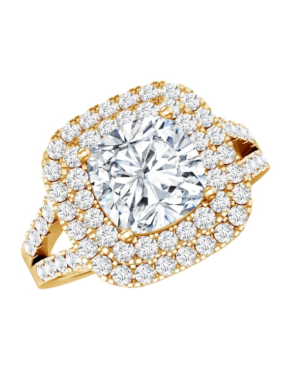 Vintage Inspired Cubic Zirconia Double Halo Engagement Ring for Women, 10K Yellow Gold, US 5.50