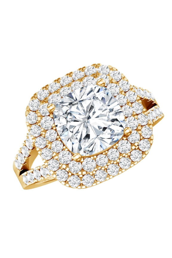 Vintage Inspired Cubic Zirconia Double Halo Engagement Ring for Women, 10K Yellow Gold, US 5.50
