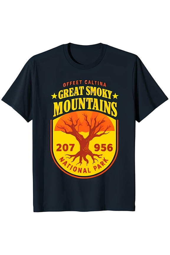 Vintage Inspired Dark Blue T-Shirt with Tree Graphic Offeet Caltina Great Smoky Mountains Park