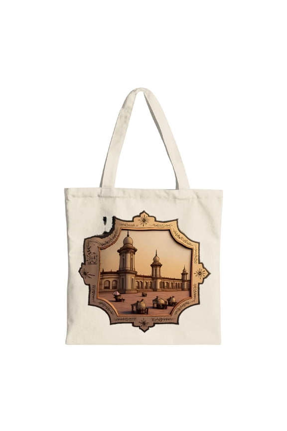 Vintage-Inspired Decorative Tote Bag with Ornate Patterns & Historical Building Illustration - Perfect for Shopping Travel & Parties - Reusable Canvas Bag