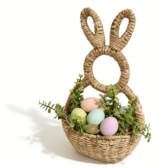 Vintage-Inspired Easter Basket - Wicker Hanging Wall Basket, Hand-Woven Bunny Decor for Front Door & Home
