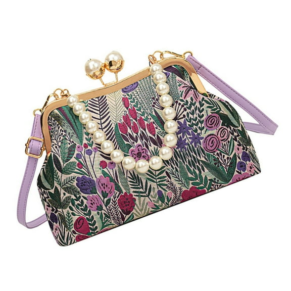 Vintage Inspired Embroidered Flower Handbag Traditional Styles Crossbody Shoulder Purse for Women with Pearls Chain