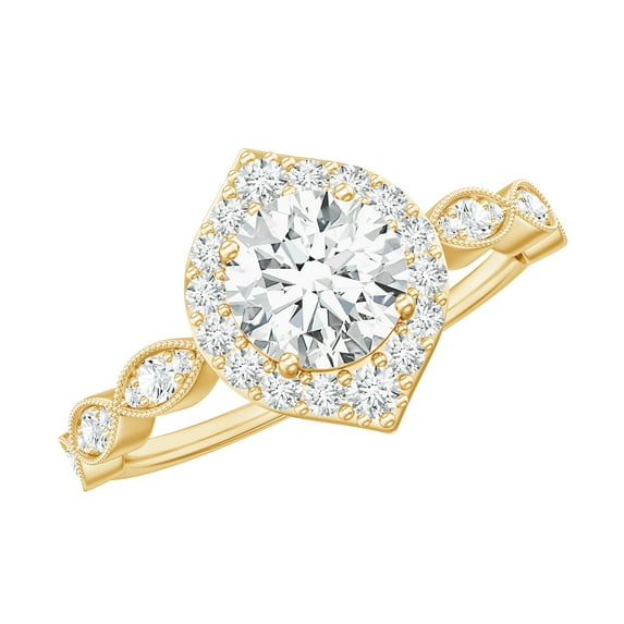 Rosec Jewels Vintage Inspired Engagement Ring for Women - Certified Moissanite Ring with Halo, 14K Yellow Gold, US 10.00
