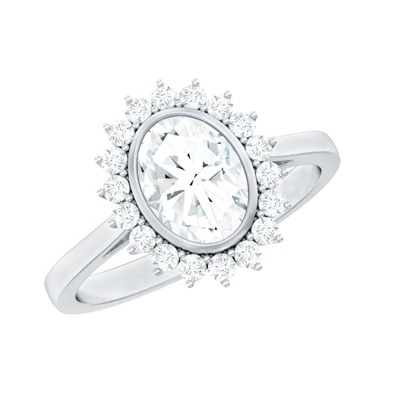 Rosec Jewels Vintage Style Moissanite Oval Engagement with Halo - 6X8mm - D-VS1 Quality Certified - with Jewelry Box, 10K White Gold, US 8.50