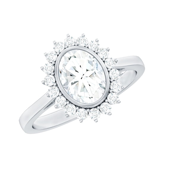 Rosec Jewels Vintage Style Moissanite Oval Engagement with Halo - 6X8mm - D-VS1 Quality Certified - with Jewelry Box, 18K White Gold, US 8.00