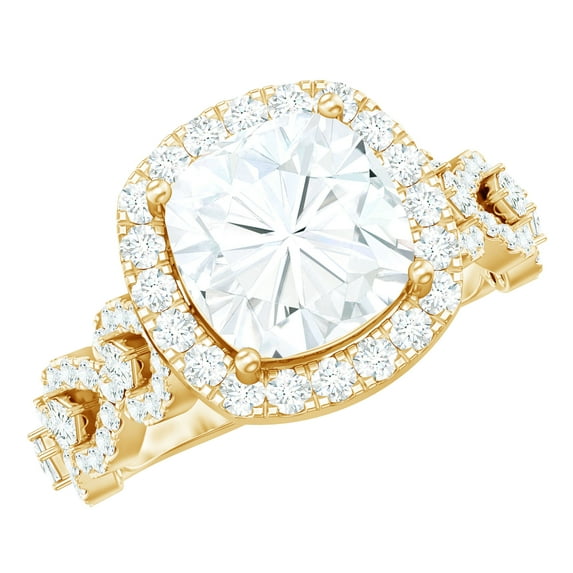 Rosec Jewels Certified Moissanite Engagement Ring with Halo - Vintage Style Ring - D-VS1 Quality - with Jewelry Box, 18K Yellow Gold, US 4.50