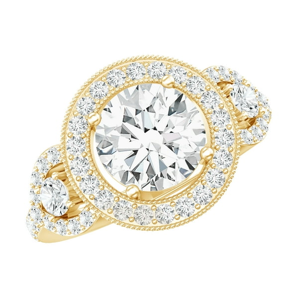 Rosec Jewels Certified Moissanite Halo Engagement Ring 2 Carat - Moissanite Statement Ring (8mm, D-VS1 Grade), 14K Yellow Gold, US 4.50