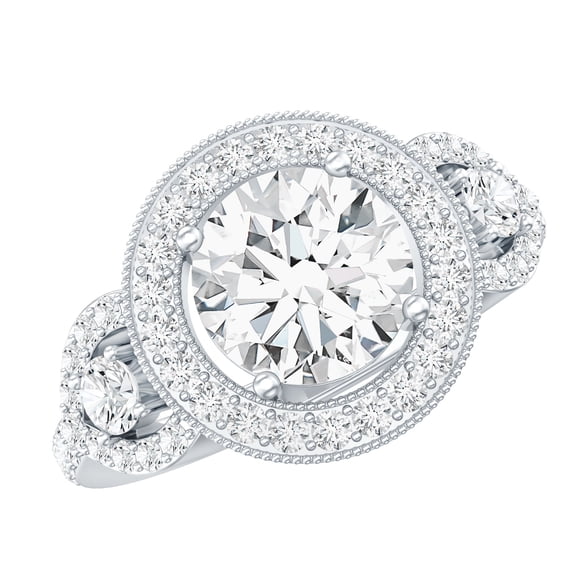 Rosec Jewels Certified Moissanite Halo Engagement Ring 2 Carat - Moissanite Statement Ring (8mm, D-VS1 Grade), 18K White Gold, US 9.00
