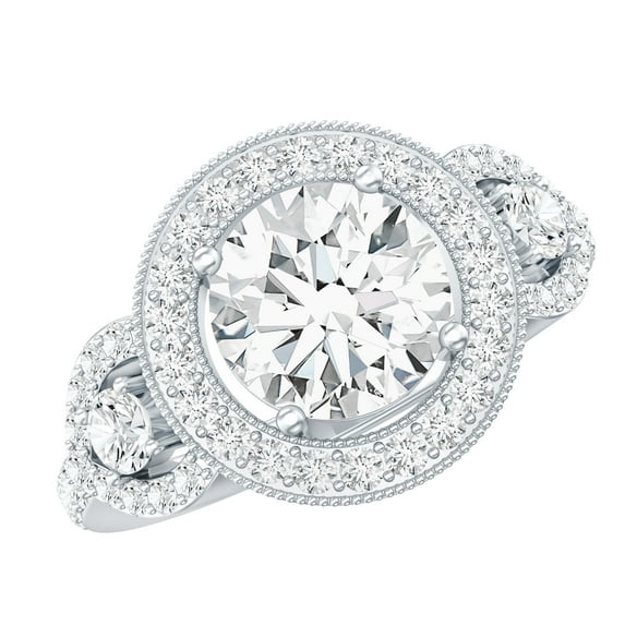 Rosec Jewels Certified Moissanite Halo Engagement Ring 2 Carat - Moissanite Statement Ring (8mm, D-VS1 Grade), 925 Sterling Silver, US 4.00