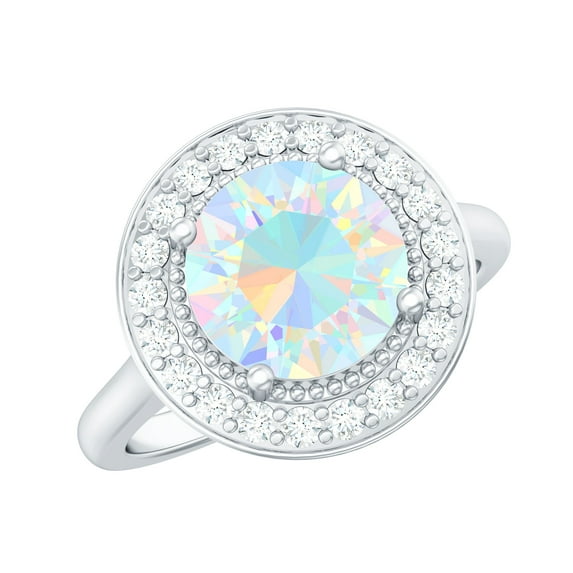 Rosec Jewels Real Ethiopian Opal Engagement Ring 2 Carat (8 mm, AAA Grade) - Vintage Style Opal Diamond Ring - with Jewelry Box, 10K White Gold, US 6.50