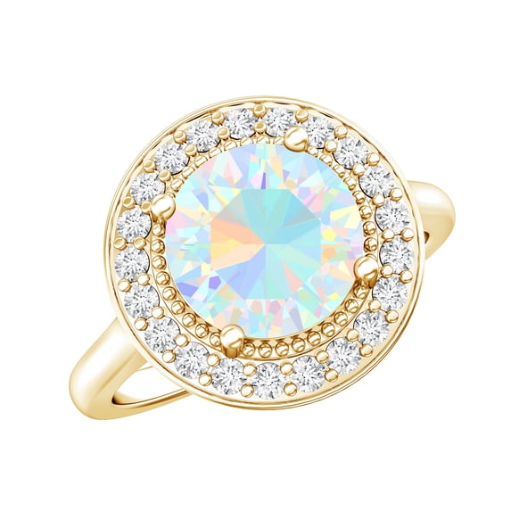 Rosec Jewels Real Ethiopian Opal Engagement Ring 2 Carat (8 mm, AAA Grade) - Vintage Style Opal Diamond Ring - with Jewelry Box, 18K Yellow Gold, US 6.50