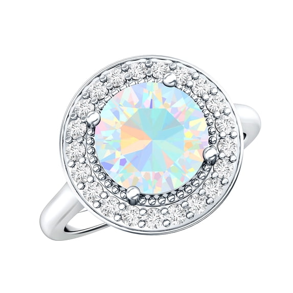 Rosec Jewels Real Ethiopian Opal Engagement Ring 2 Carat (8 mm, AAA Grade) - Vintage Style Opal Diamond Ring - with Jewelry Box, 925 Sterling Silver, US 4.00