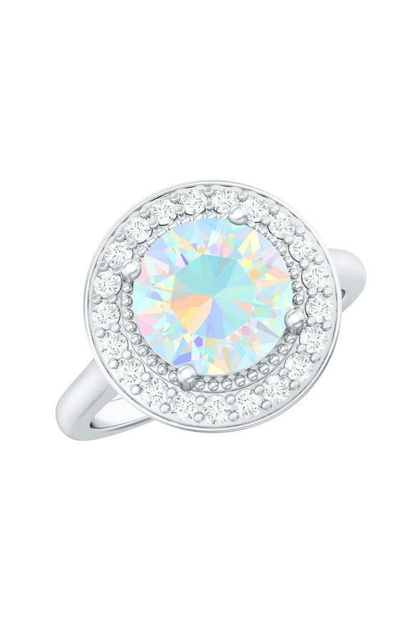 Real Ethiopian Opal Engagement Ring 2 Carat (8 mm, AAA Grade) - Vintage Style Opal Diamond Ring - with Jewelry Box, 925 Sterling Silver, US 4.00