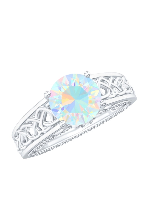 Vintage Inspired Ethiopian Opal Solitaire Celtic Band Ring with Diamond (AAA Quality), 14K White Gold, US 9.50